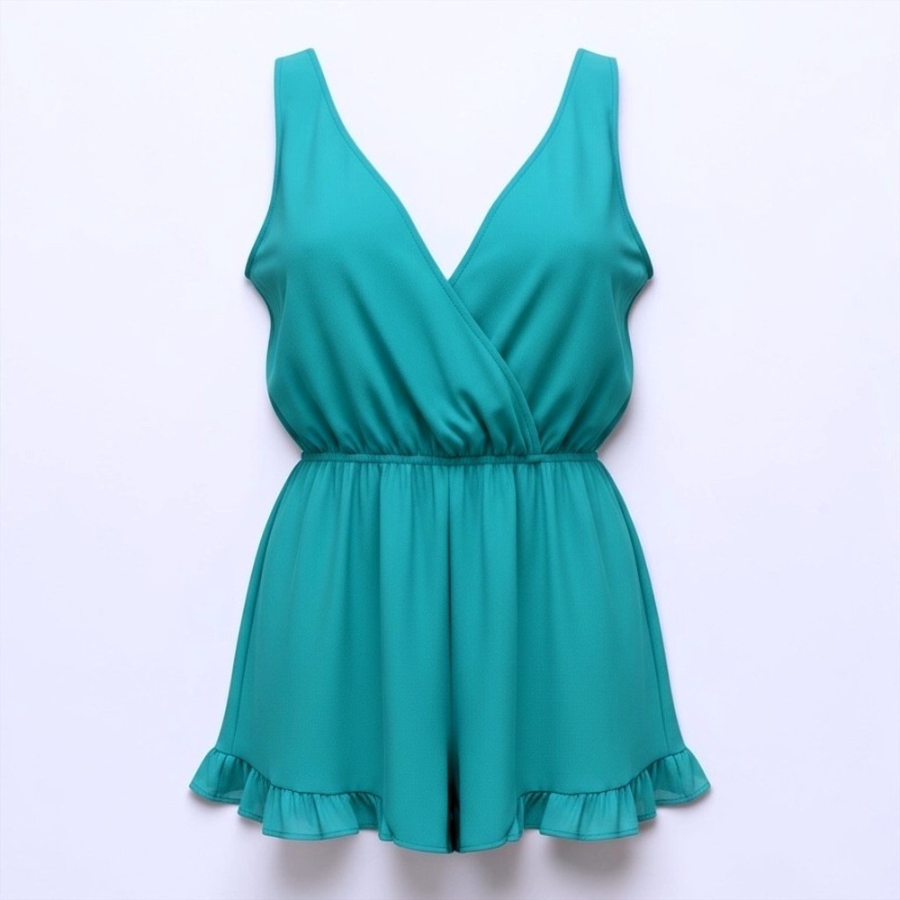ASTR The Label Teal Green V-Neck Ruffle Hem Romper AP5637 M